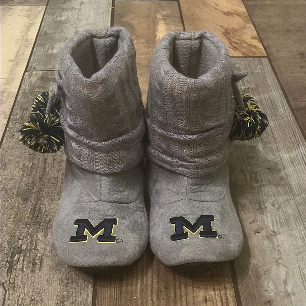 Gray University of Michigan Booties with Pom Poms and gold sequins detail NWOT - Picture 2 of 12